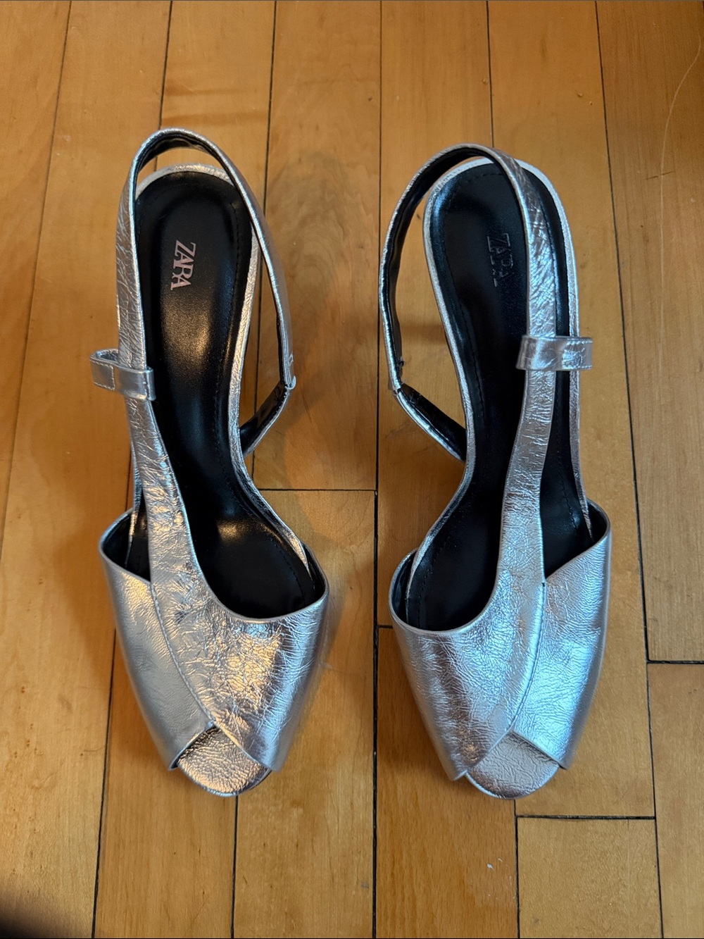 ZARA Metallic Silver Peep-Toe Slingback Heels